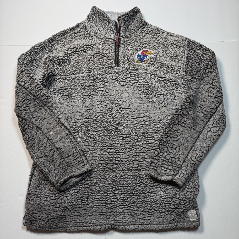 Kansas Jayhawks Sweater Pullover Womens XL Gray NCAA Sherpa Fleece Quarter‎ Zip